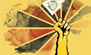Urinetown poster graphic: raised fist and toilet paper flag