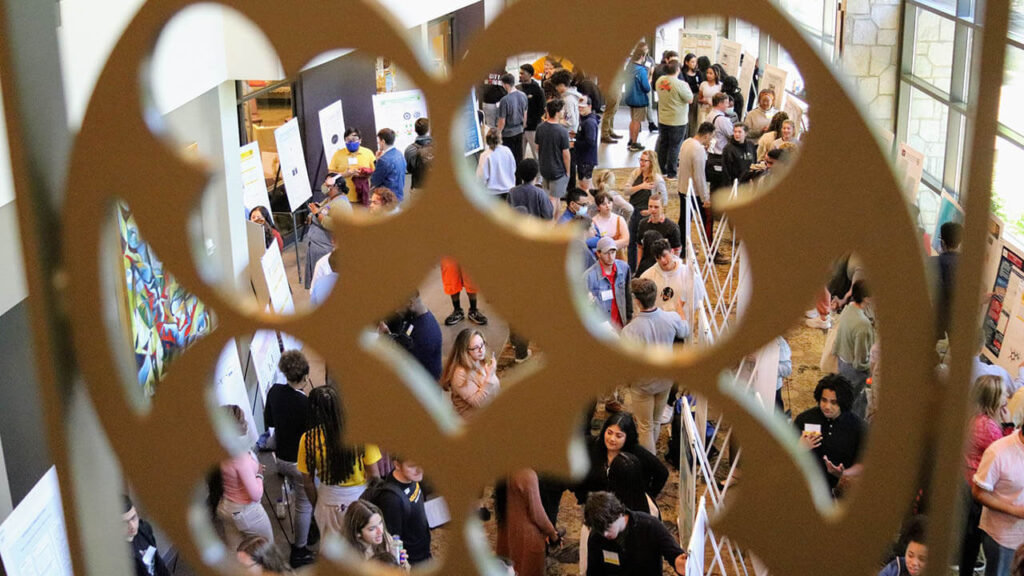 Looking down through a quatrefoil at LASS 2022 poster presentations in TLCC.