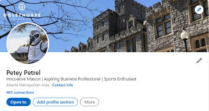 : Screenshot of a LinkedIn profile for Petey Petrel. Headline reads: innovative Mascot, Aspiring Business Professional, Sports Enthusiast. Profile picture is of Petey Petrel and header is a picture of a building on Oglethorpe’s campus.