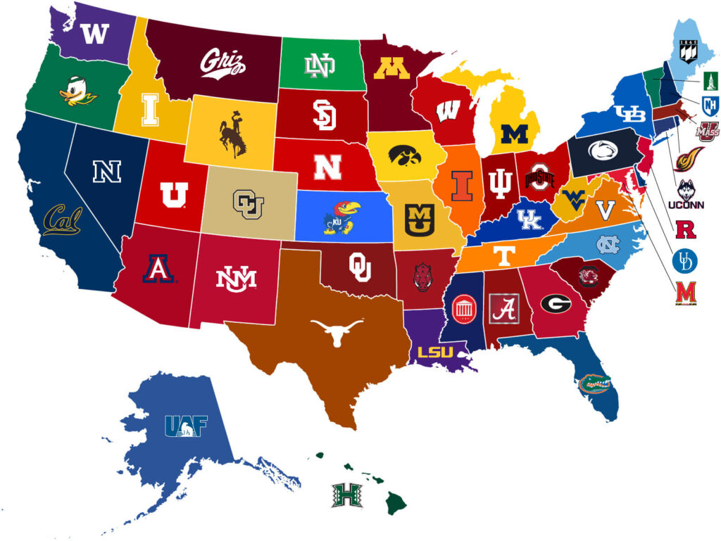 United States map with flagship school logos on each state.