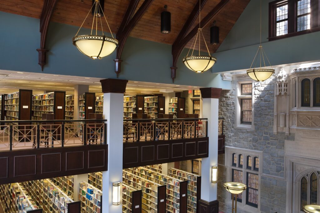 Two story atrium of the Philip Weltner Library at Oglethorpe University