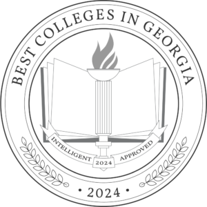 Black and white badge depicting designation of Best Colleges in Georgia. 