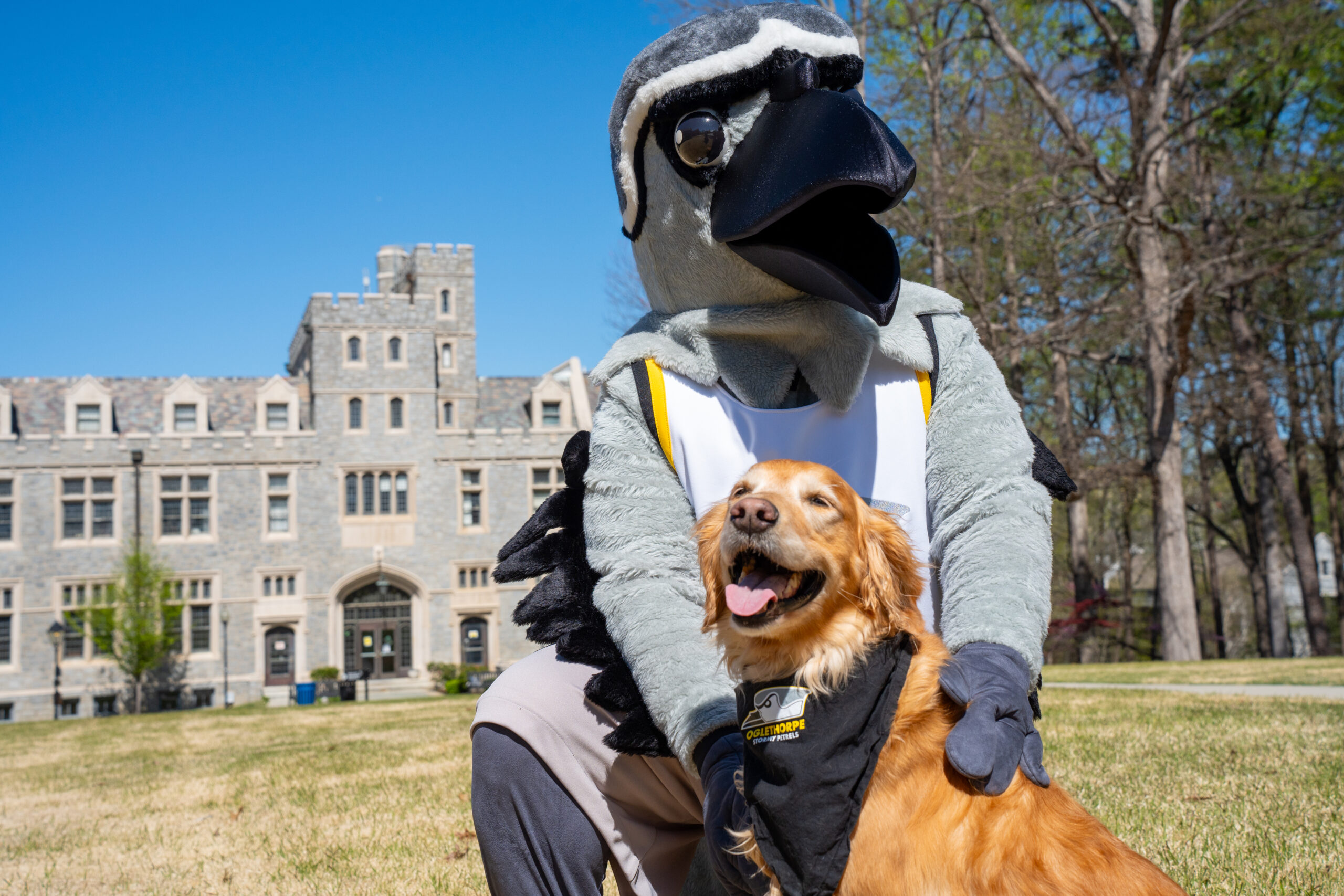 Petey petting Vienna as she smiles and has her tongue out.