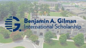 Benjamin A. Gilman International Scholarship logo overlaid on Oglethorpe University's Lupton Hall