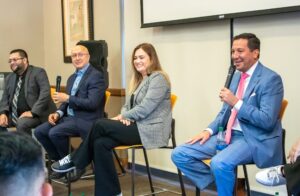 Panelists speak to students at the Fall 2022 Latinos in Media Panel