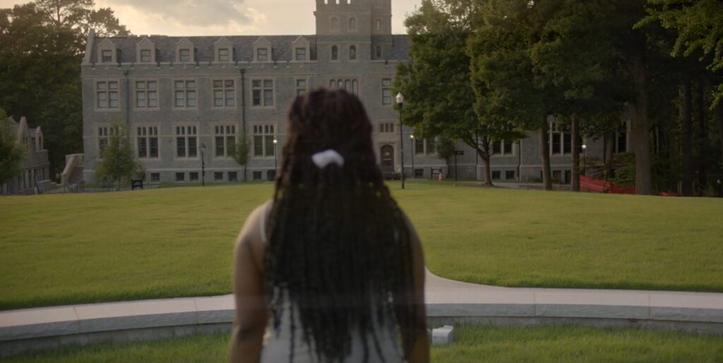 Kimberly Heard looking at Lowry Hall