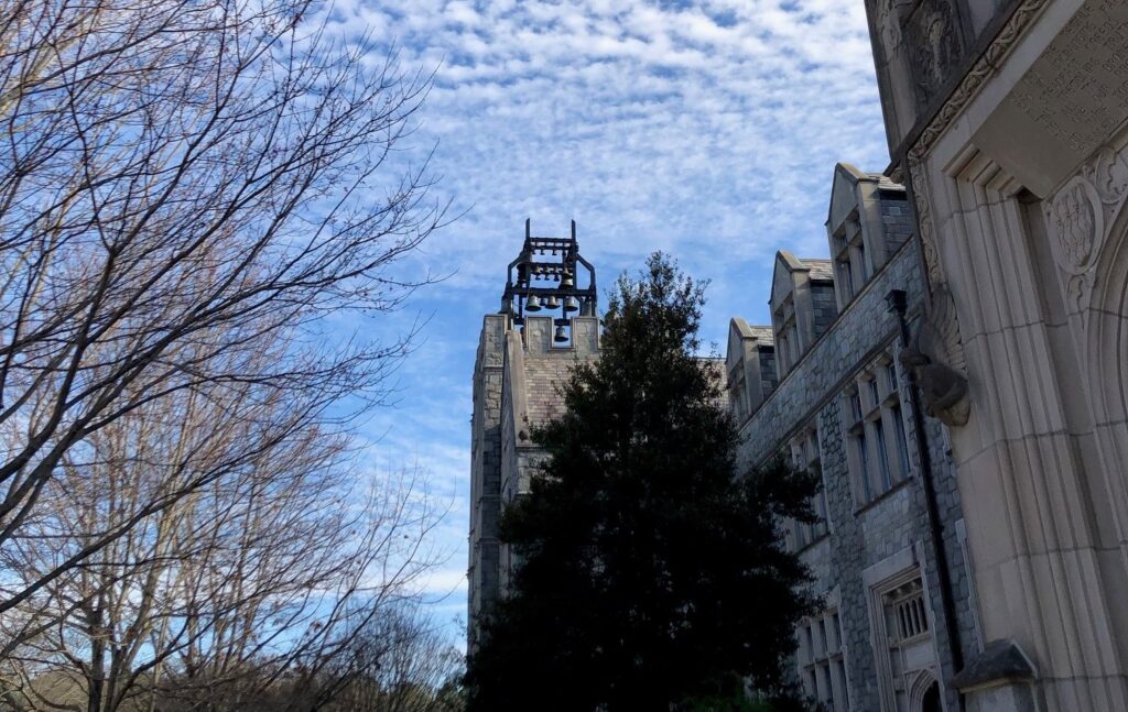 Side view of Oglethorpe University's Lupton Hall bell tower during the winter.