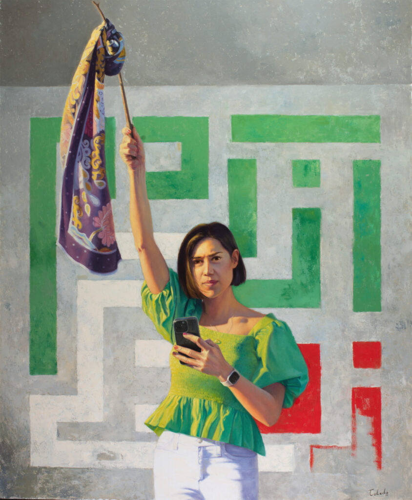 A painting of a woman holding a phone in one hand and a flag in the other.