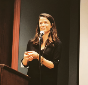 Author Georgia Hunter answers audience questions in Oglethorpe's Earl Dolive Theatre.