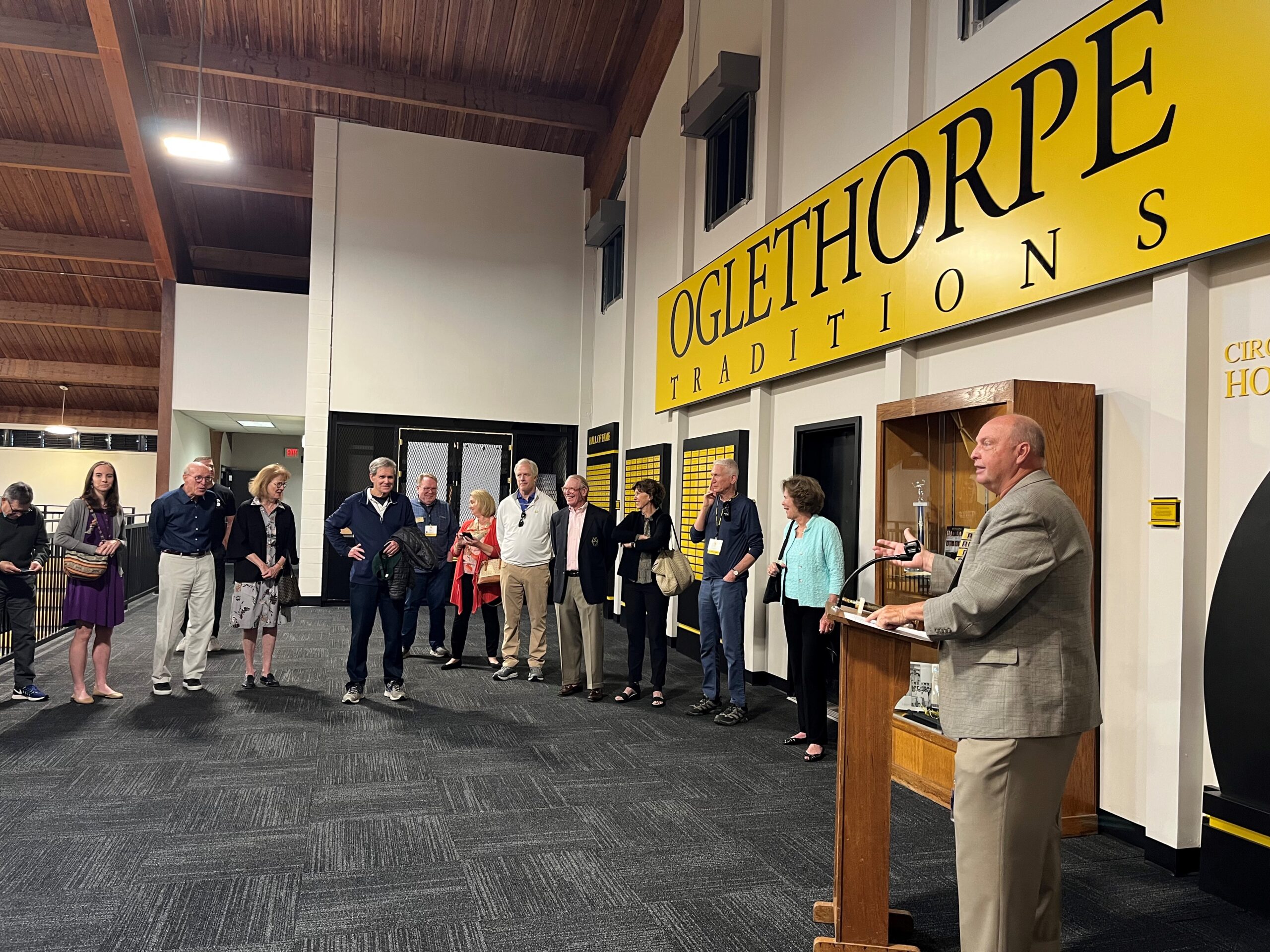The trophy cases were dedicated at a ceremony in Dorough Fieldhouse during Alumni Weekend.