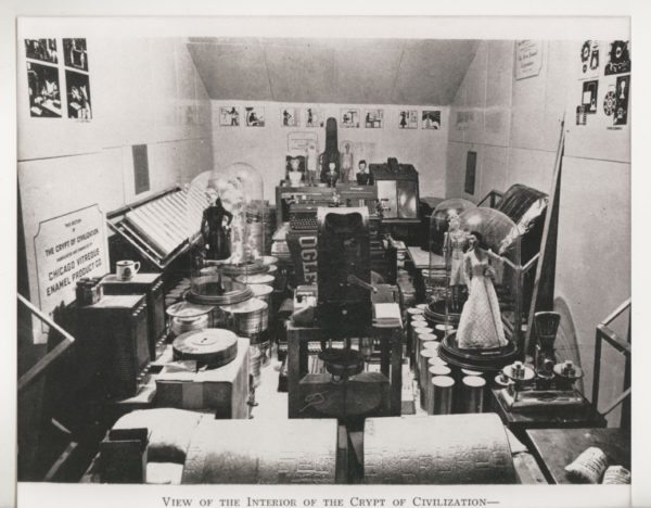 The inside content of the Crypt of Civilization time capsule includes books of fiction, still photographs giving the history of the United States since 1840, drawings and paintings, and much more all sealed in the time capsule located at Oglethorpe University. The crypt was sealed May 28, 1940.