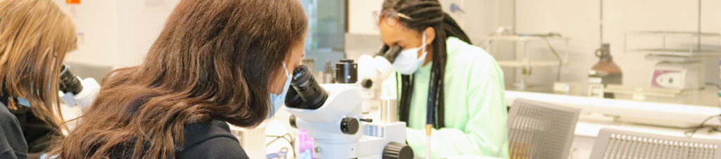 Students in gloves and masks use microscopes in a lab.