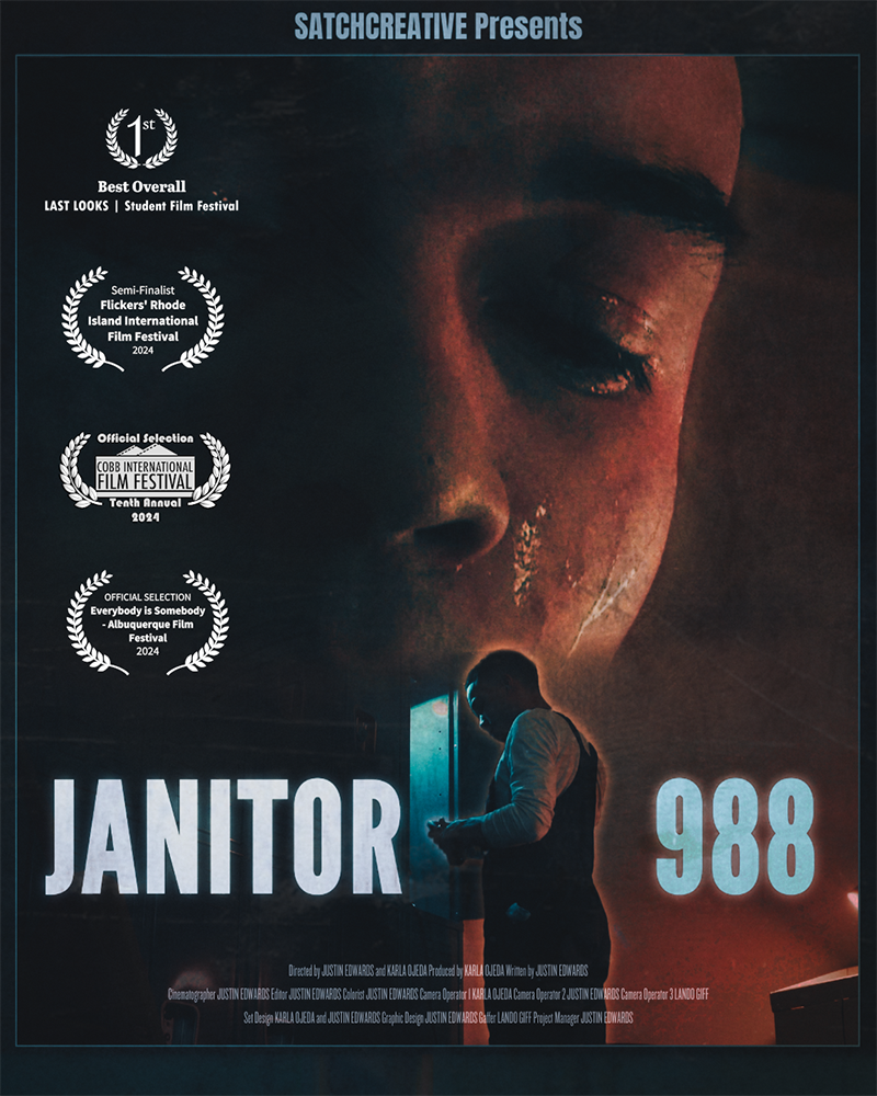 Film poster for "Janitor 988." A man stares down at himself with sweat running down his face. It has four laurels/recognitions: "Best Overall- Last Looks Student Film Festival," "Semi-finalist- Flickers Rhode Island International Film Festival," "Official selection- Cobb International Film Festival," and "Official selection- Everybody is Somebody Albuquerque Film Festival."