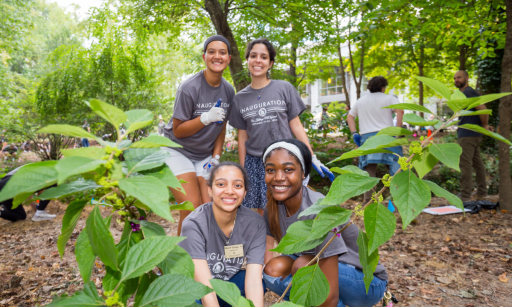 Four students pose for a photo while planting a native botanical.