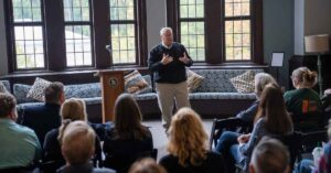 Amateur historian Ben Wax Jr gives a lecture for Veteran's Day