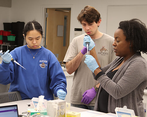 Three students working in a lab.