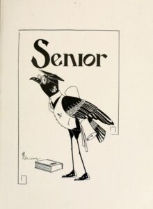 1920s illustration of a Petrel wearing a graduation cap and gown with a heading that says "senior." 