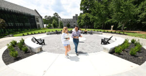 Students walk across Dubose Circle on the academic quad.