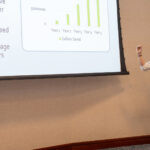 Man in a suit presents a projected slide.