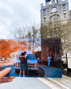 Still from Stranger Things finale of two characters embracing in front of Lupton Hall.