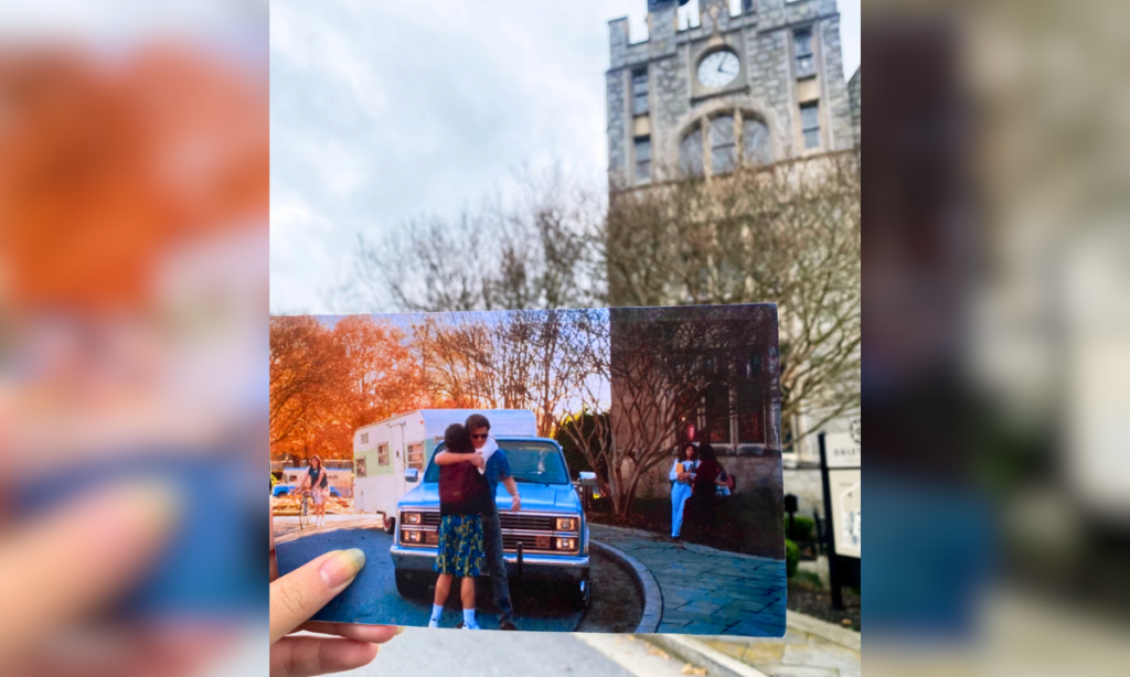 Still from Stranger Things finale of two characters embracing in front of Lupton Hall.