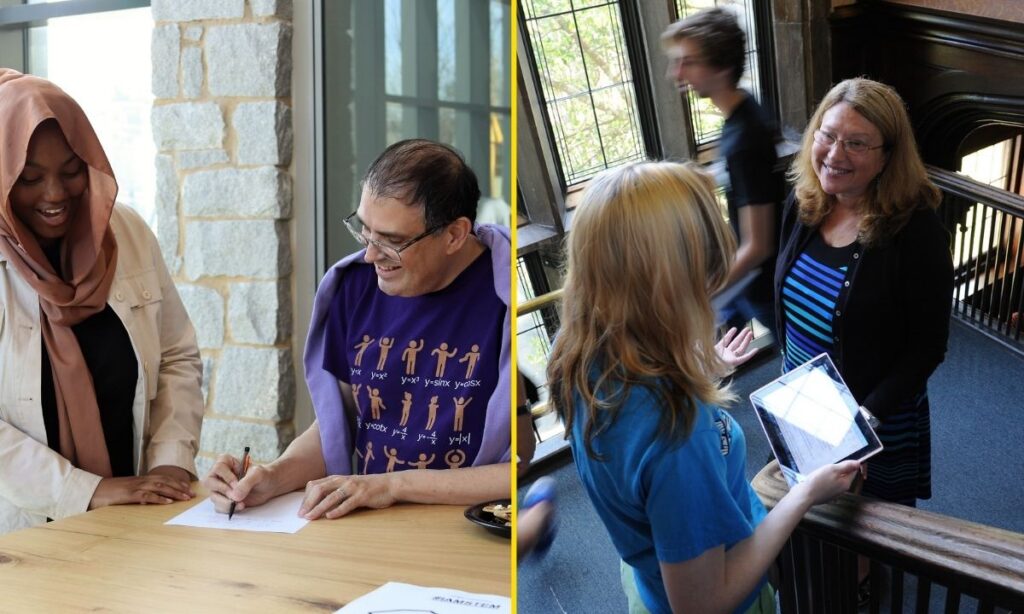 Two side-by-side images of professors interacting warmly with students