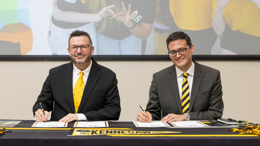 The agreement was signed by Oglethorpe Provost and Vice President of Academic Affairs Gabriel Barreneche and Kennesaw State Vice Provost Sheb True alongside leaders from both institutions during a ceremony Friday on KSU’s Marietta Campus.