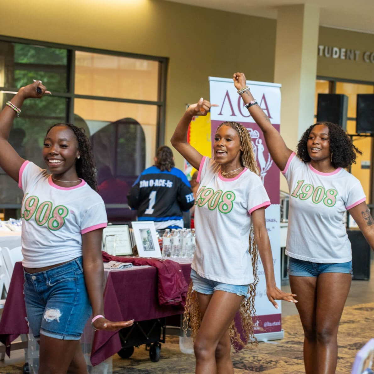 Sorority sisters perform a routine at the activities fair.