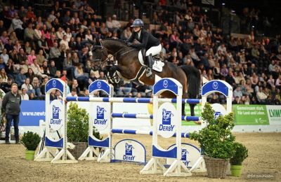 A horse rider jumps a vault in front of a large crowd at a competition